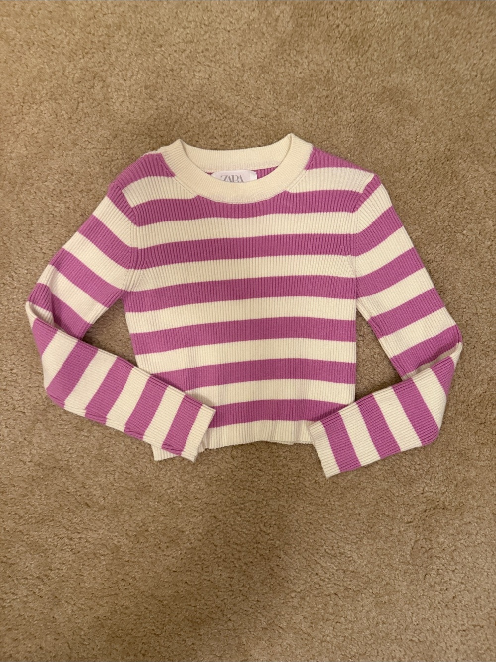 Zara Lilac and Cream Striped Ribbed Long-Sleeve Crop Top girls